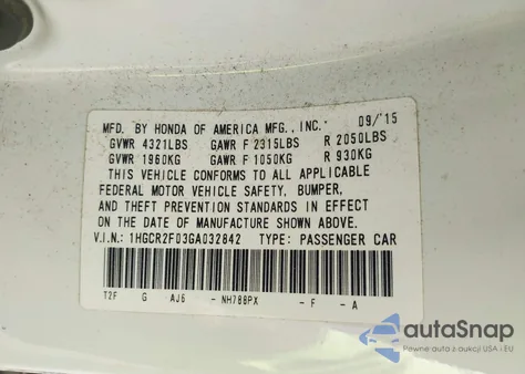 2016 Honda Accord Ex из США, поврежденный, VIN 1HGCR2F03GA032842